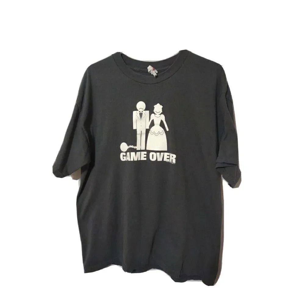 Game Over Marriage Funny Men's Short Sleeve T shirt Size XL Gray Graphic Print